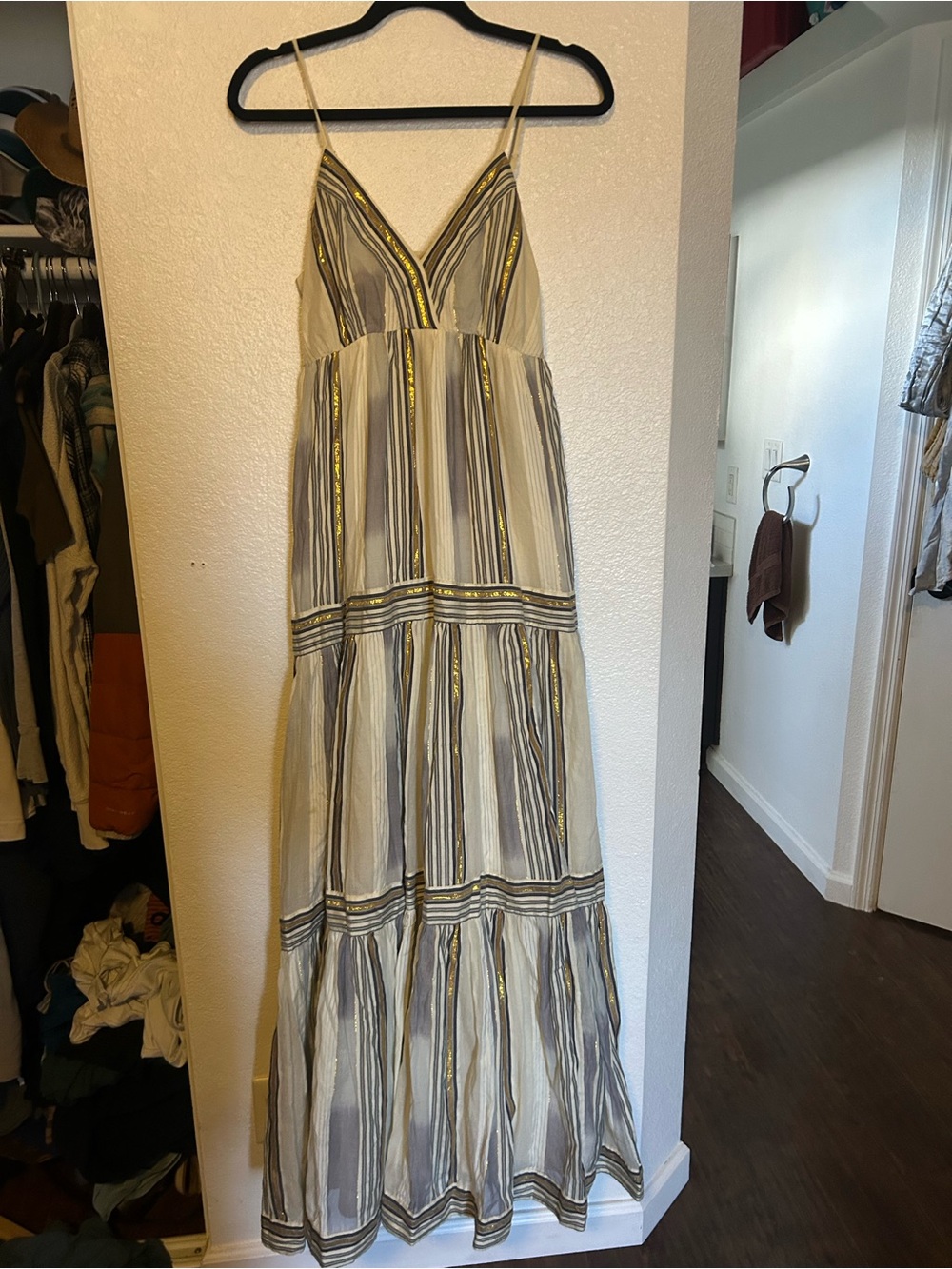 Banana Republic Striped Tiered Maxi Dress in Ivory, Gray and Gold